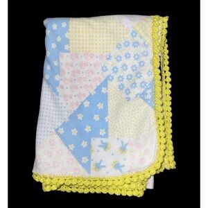 Vintage Baby Receiving Blanket Yellow crochet Trim blue pink yellow abstract